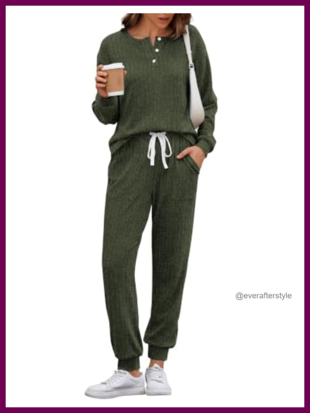 Knit 2 Piece Lounge Set Long Sleeve Henley Top Jogger Pants Pockets